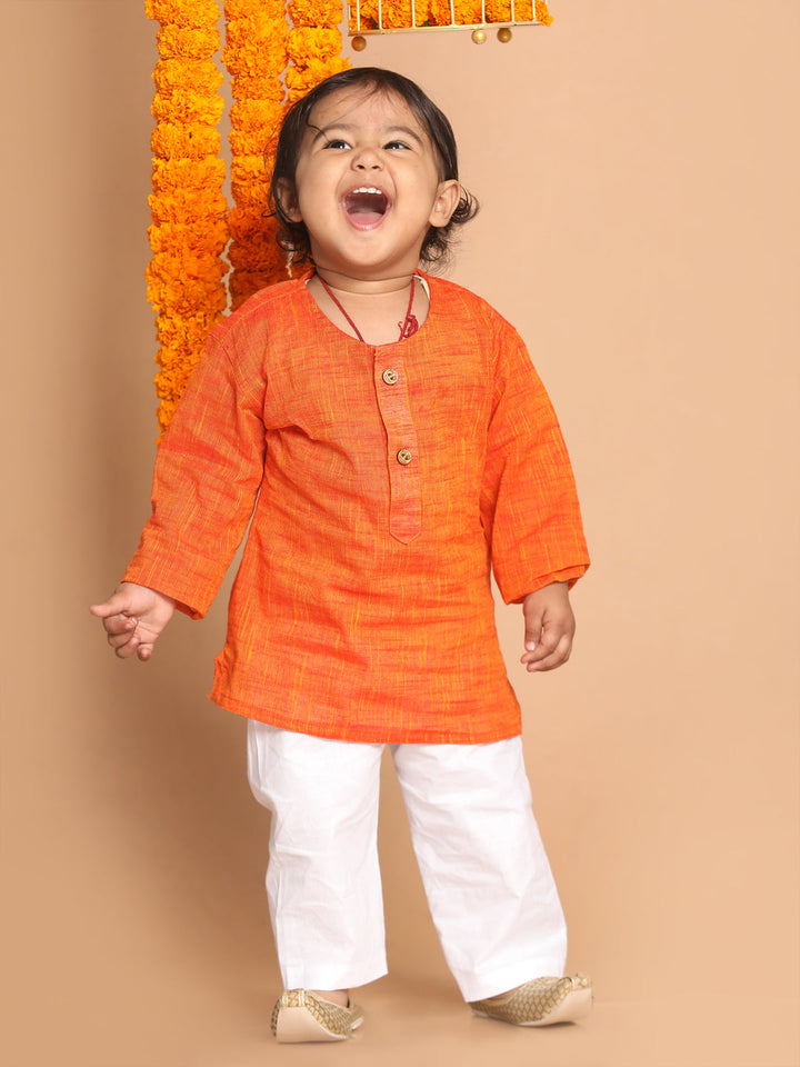 VASTRAMAY SISHU Boys' Orange Cotton Kurta and White Pyjama Set - qivii