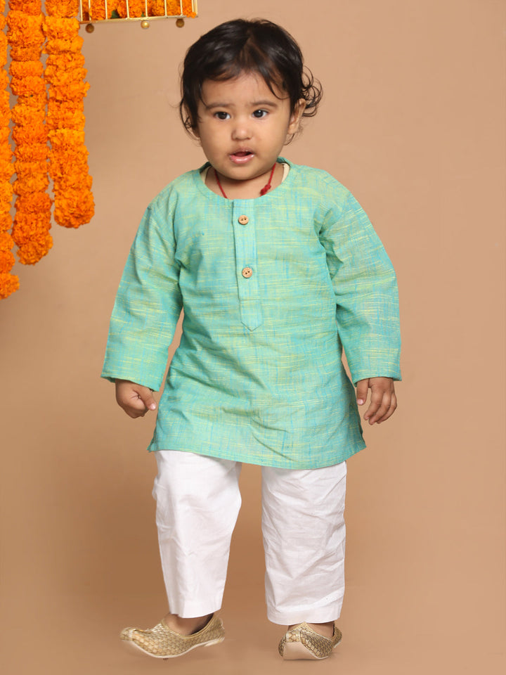 VASTRAMAY Boy's Parrot Green Cotton Kurta and White Pyjama Set - qivii