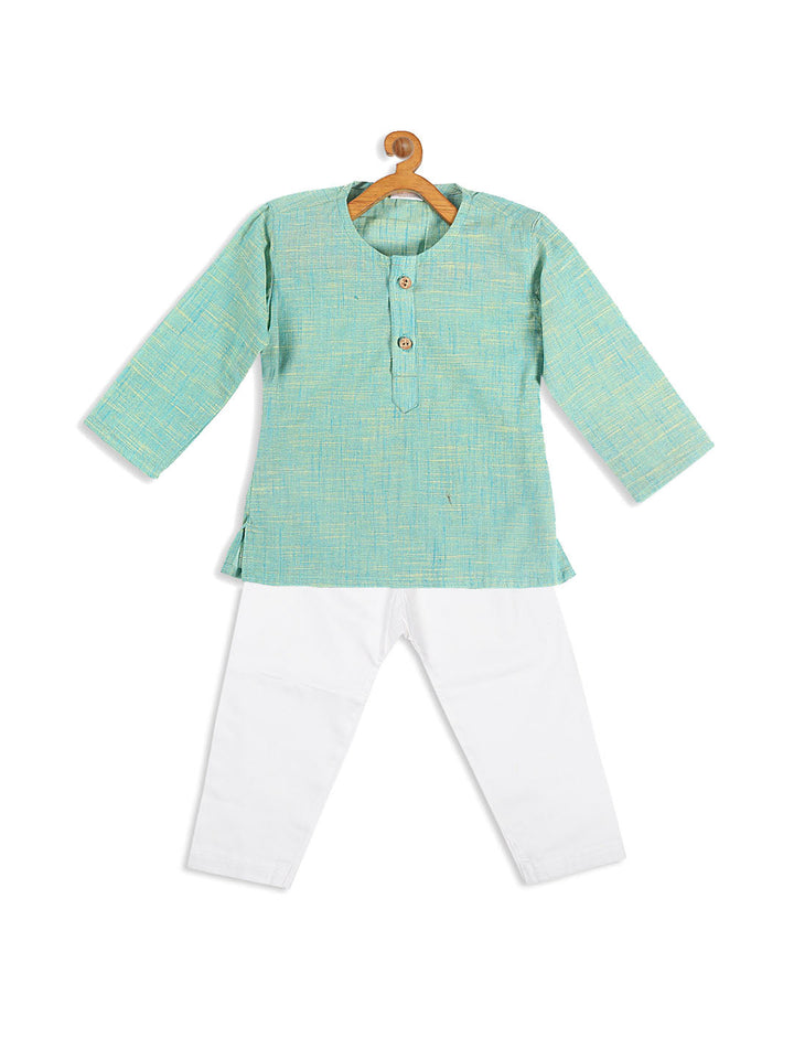 VASTRAMAY Boy's Parrot Green Cotton Kurta and White Pyjama Set - qivii