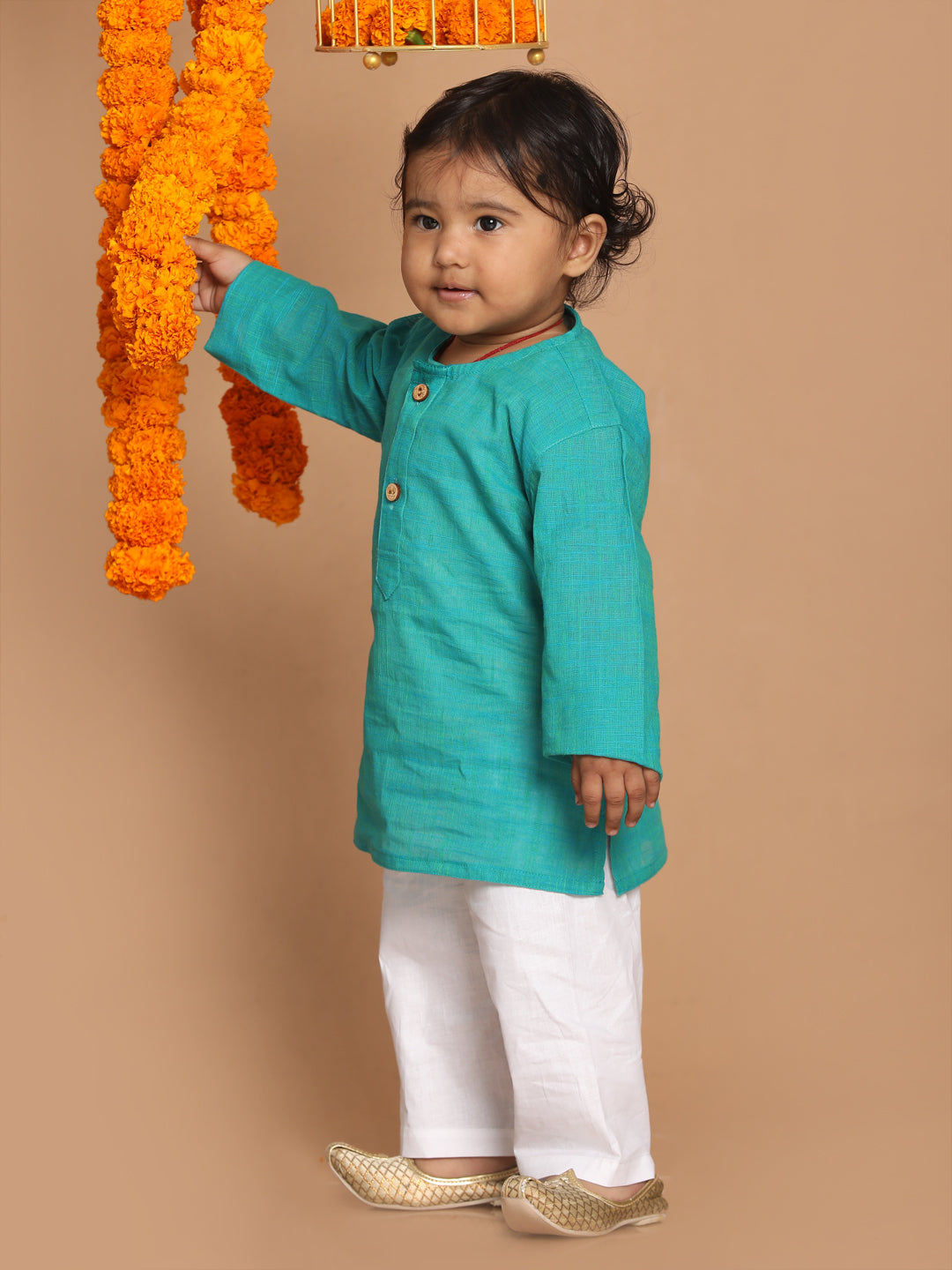 VASTRAMAY SISHU Boys' Turquoise Blue Cotton Kurta and White Pyjama Set - qivii