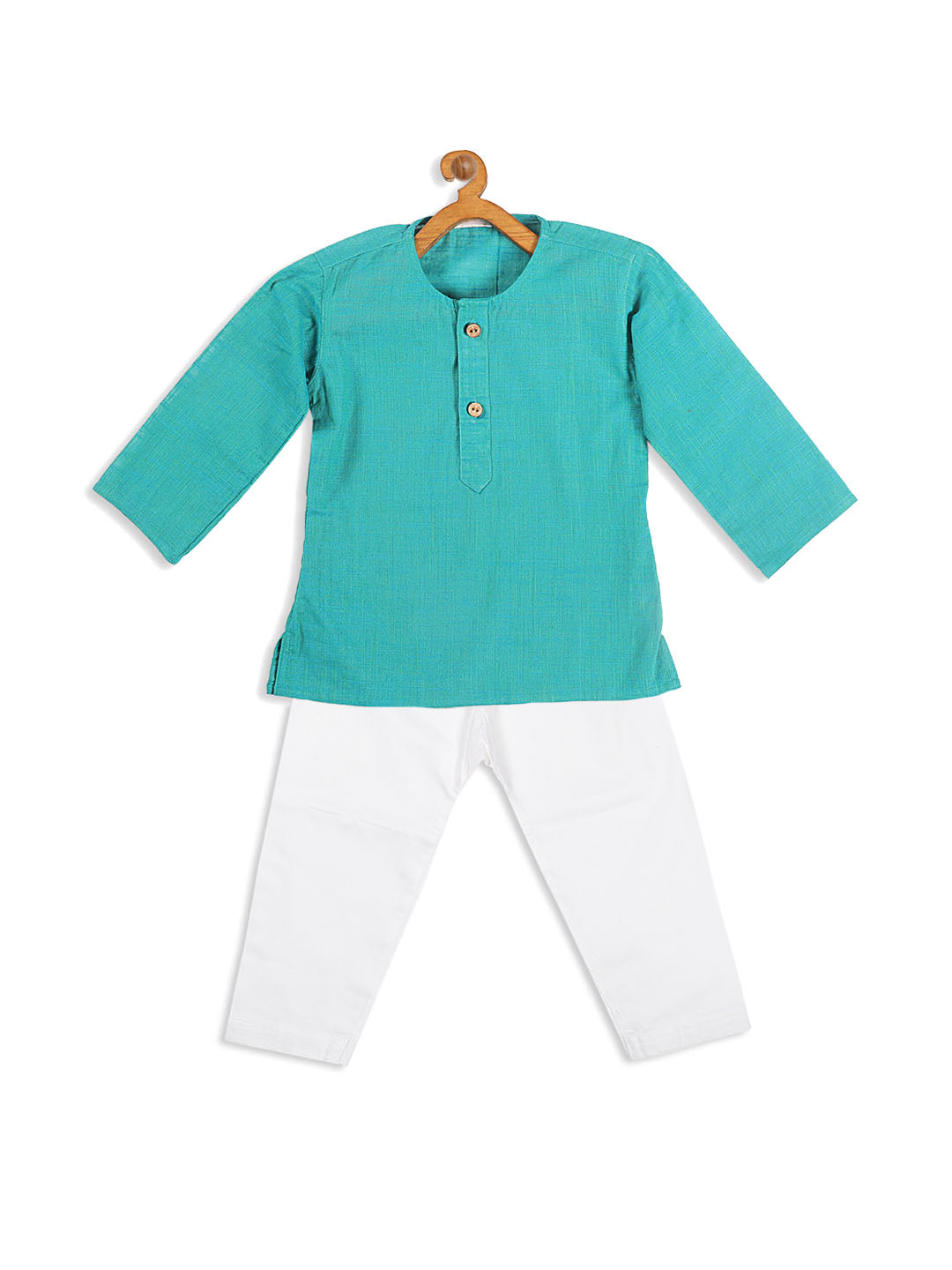 VASTRAMAY SISHU Boys' Turquoise Blue Cotton Kurta and White Pyjama Set - qivii