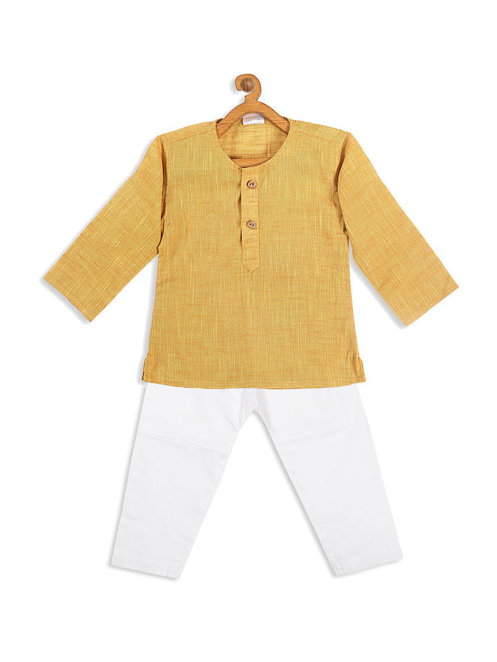 VASTRAMAY SISHU Boys' Yellow Cotton Kurta and White Pyjama Set - qivii