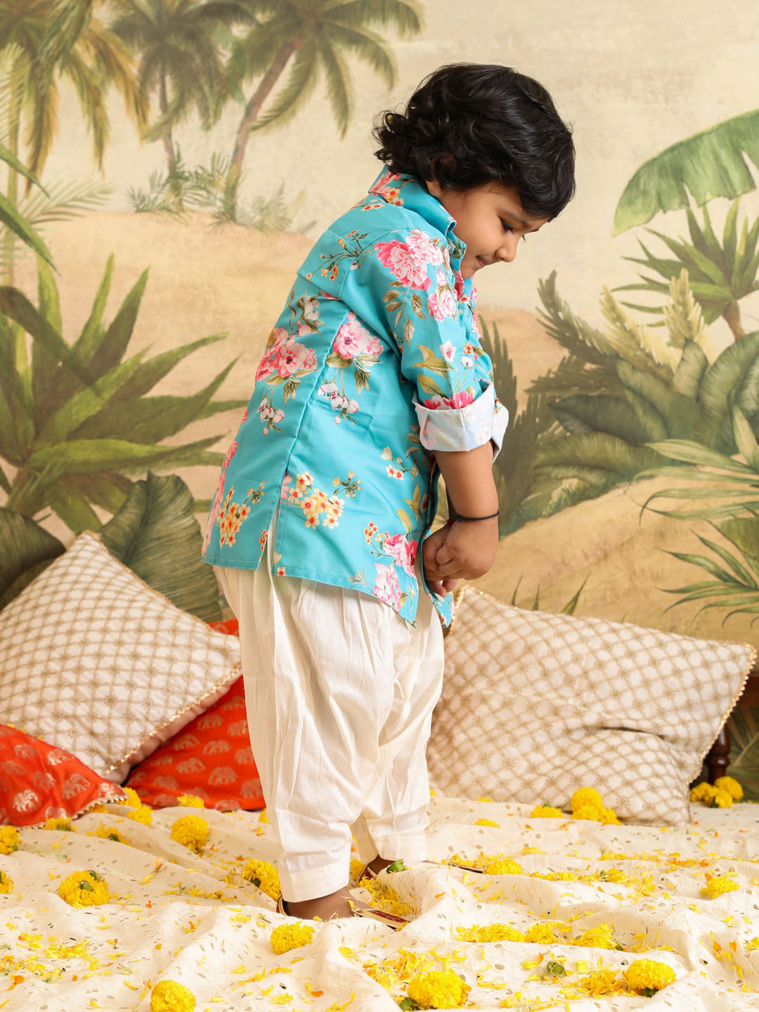 VASTRAMAY SISHU Boy's Aqua Floral Printed Kurta Patiala Set - qivii