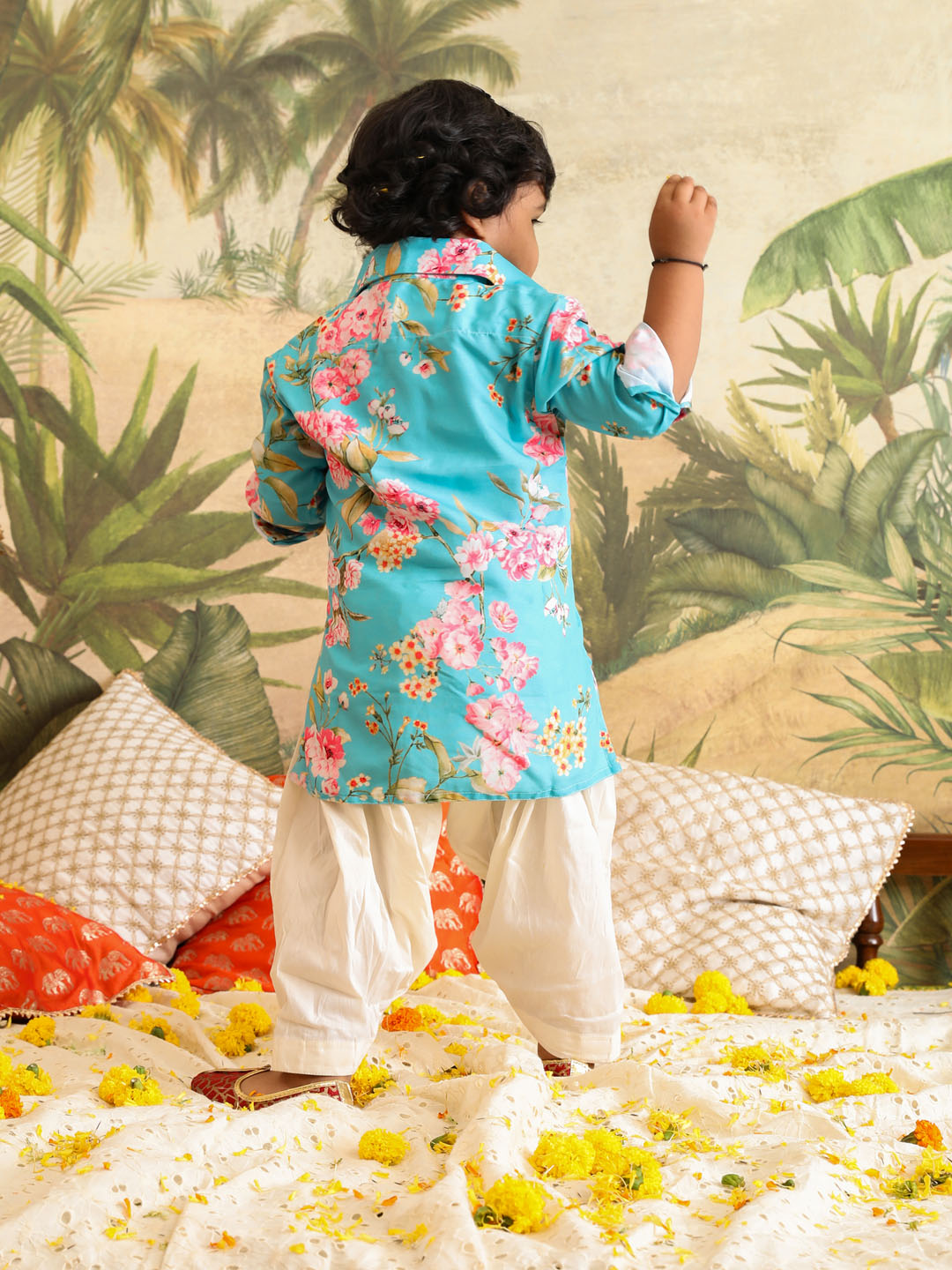 VASTRAMAY SISHU Boy's Aqua Floral Printed Kurta Patiala Set - qivii