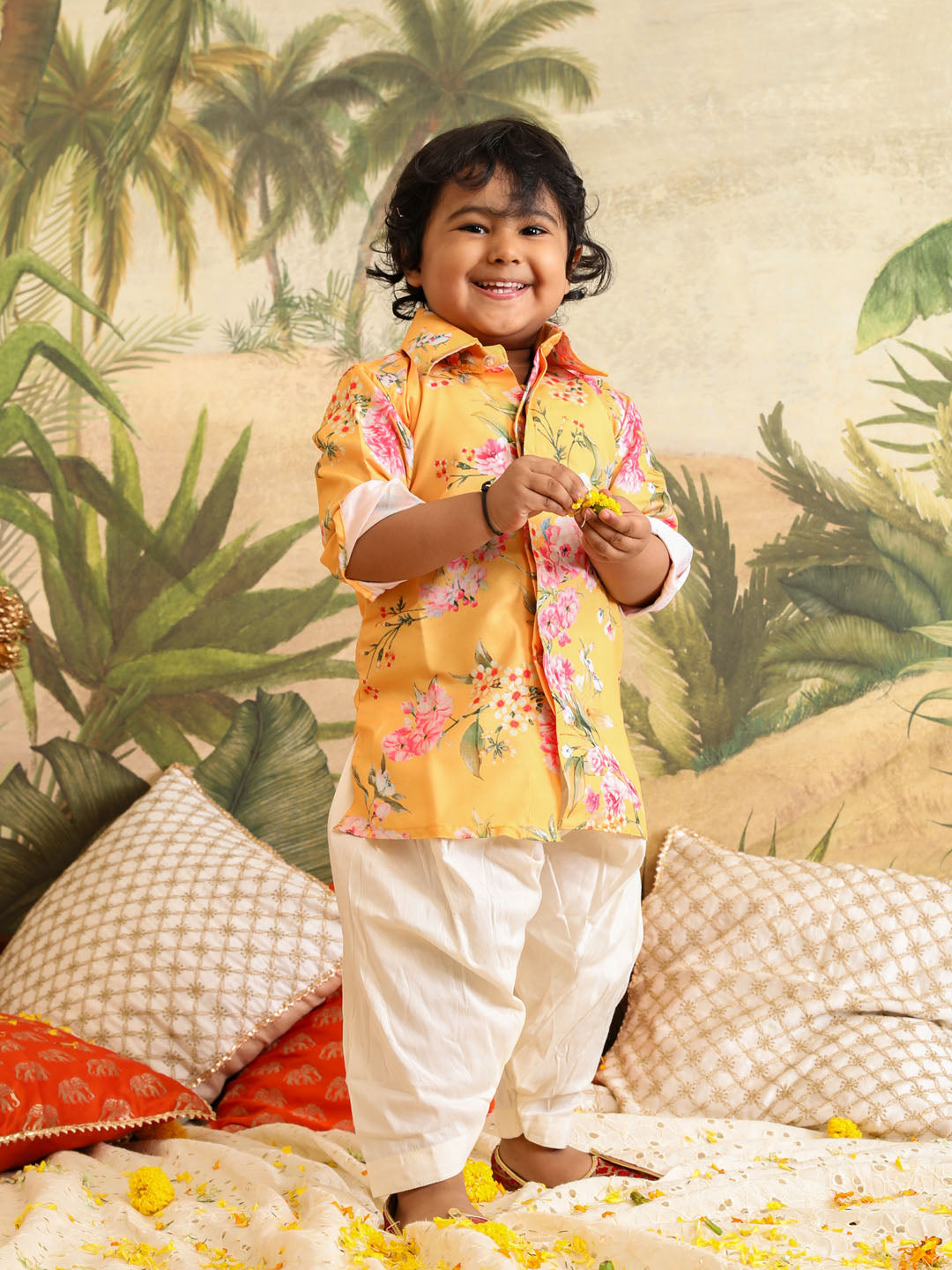 VASTRAMAY SISHU Boy's Yellow Floral Printed Kurta Patiala Set - qivii