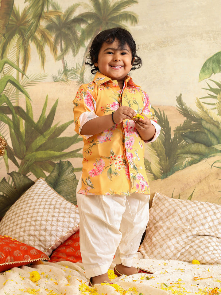 VASTRAMAY SISHU Boy's Yellow Floral Printed Kurta Patiala Set - qivii