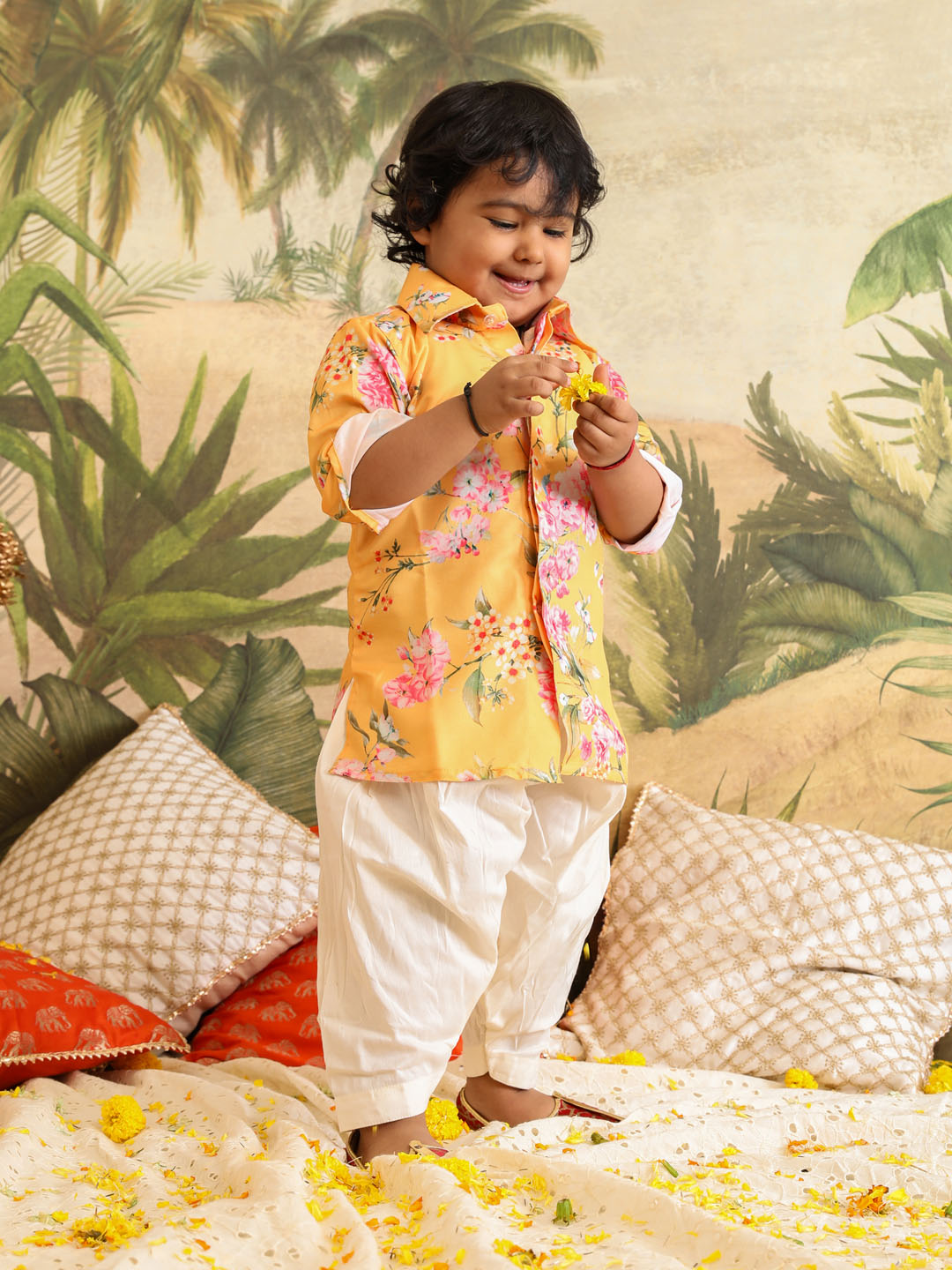 VASTRAMAY SISHU Boy's Yellow Floral Printed Kurta Patiala Set - qivii