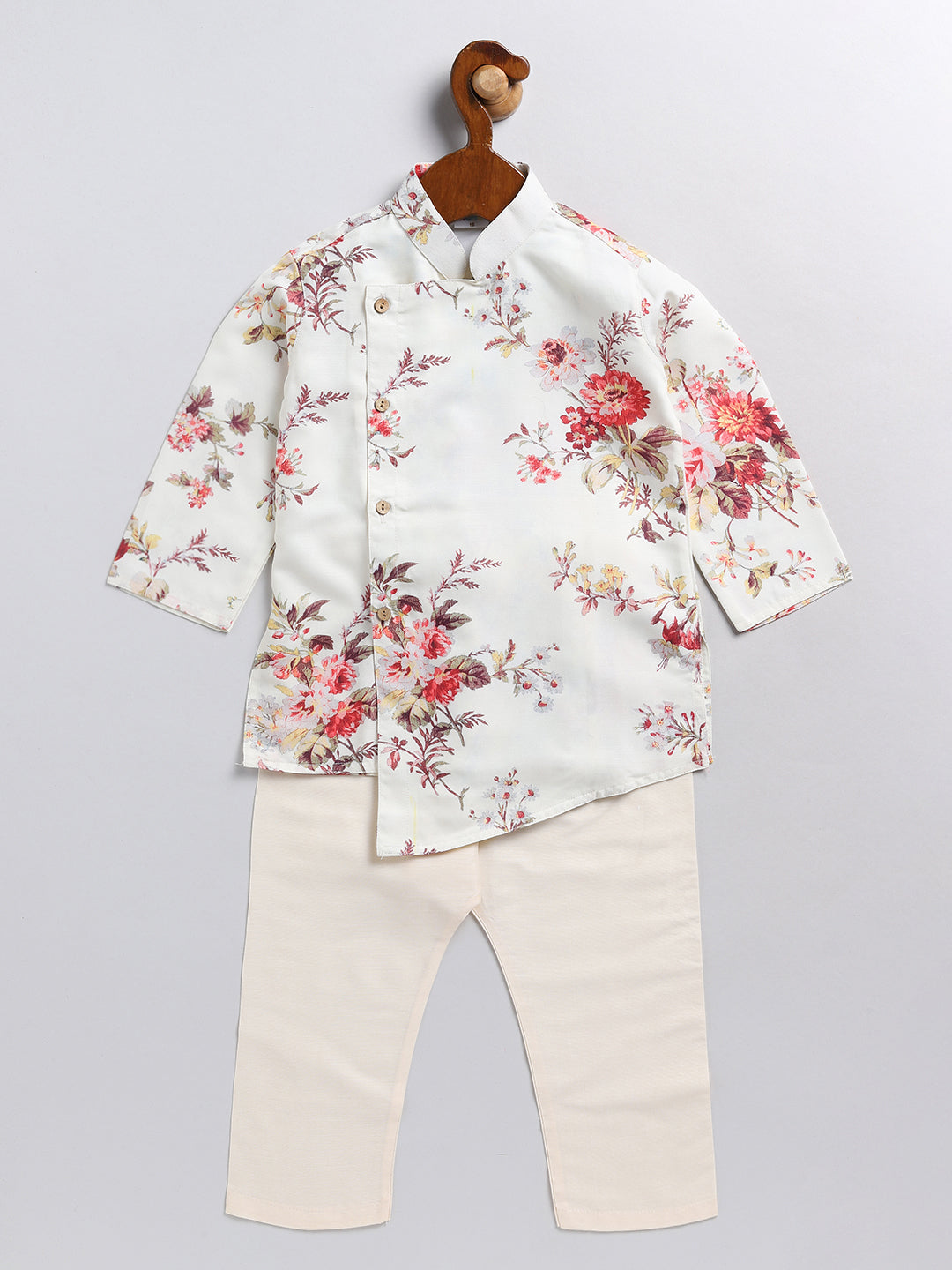 VASTRAMAY Boy's Cream Floral Printed Angrakha Kurta Pyjama Set - qivii