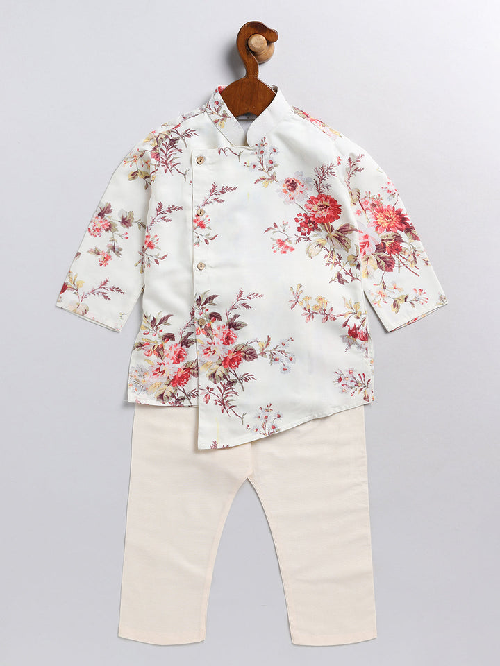 VASTRAMAY Boy's Cream Floral Printed Angrakha Kurta Pyjama Set - qivii