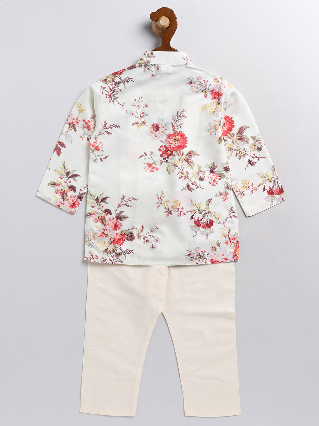 VASTRAMAY Boy's Cream Floral Printed Angrakha Kurta Pyjama Set - qivii