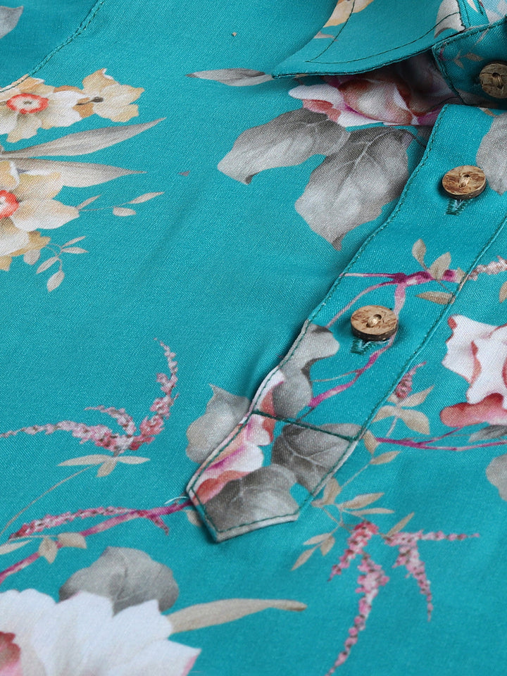 VASTRAMAY SISHU Boy's Turquoise Blue Floral Printed Kurta Patiala Set - qivii