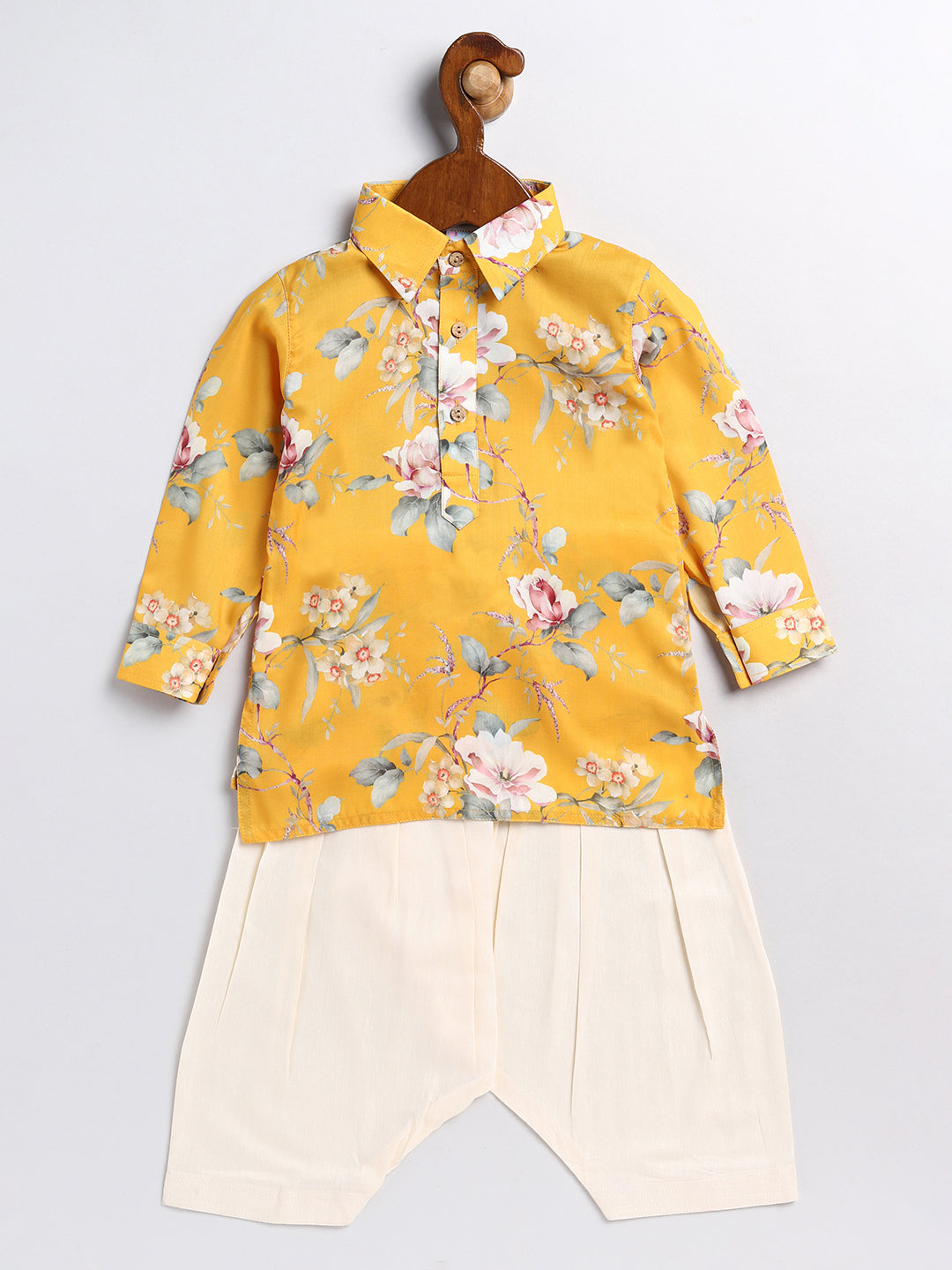 VASTRAMAY Boy's Yellow Floral Printed Kurta Patiala Set - qivii