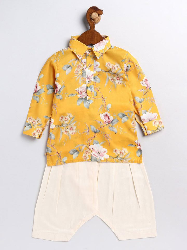 VASTRAMAY Boy's Yellow Floral Printed Kurta Patiala Set - qivii