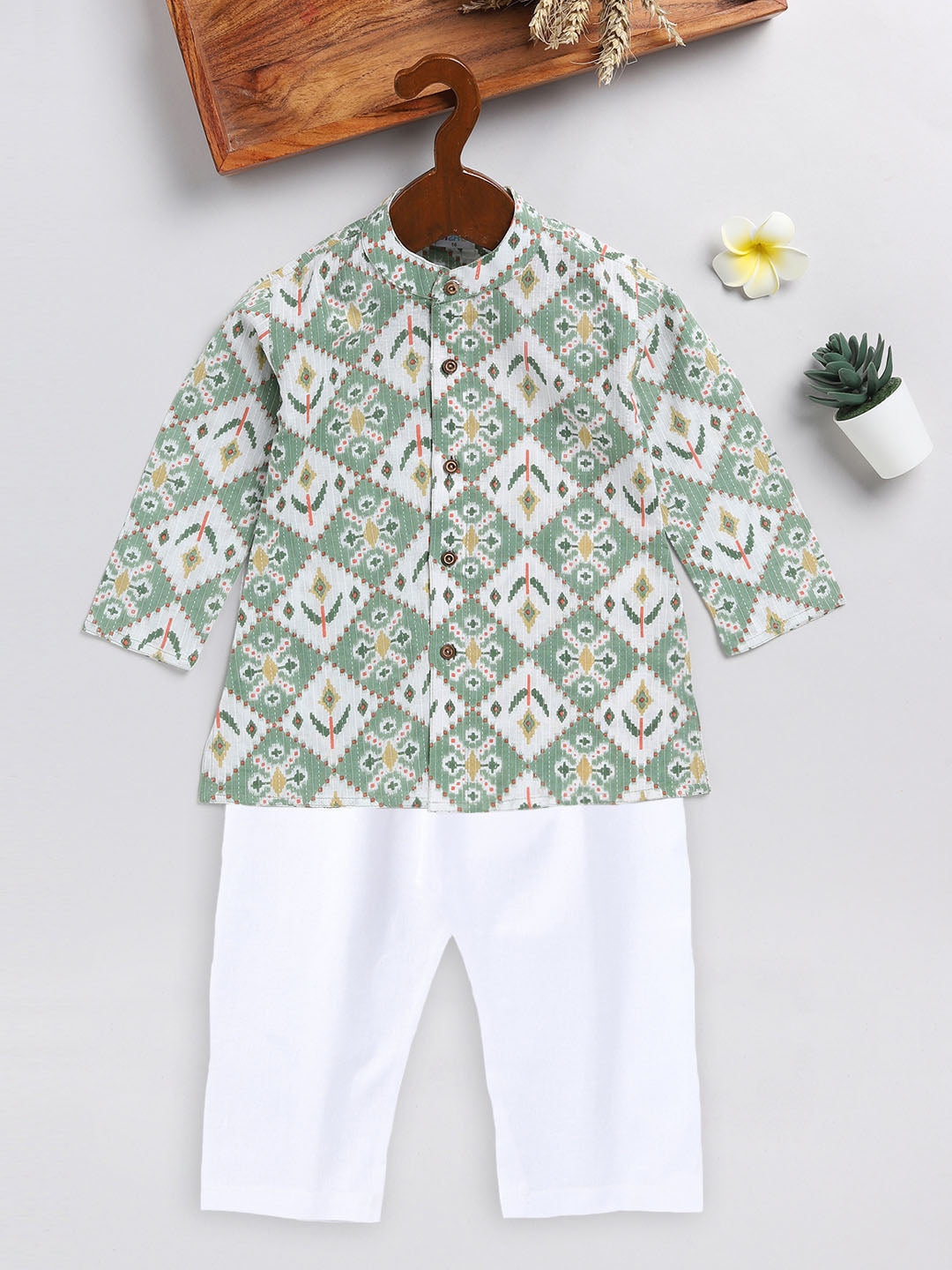 VASTRAMAY SISHU Boy's Green and White Printed Cotton Kurta Pyjama Set - qivii