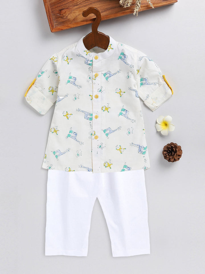 VASTRAMAY SISHU Boy's White Printed Cotton Kurta Pyjama Set - qivii