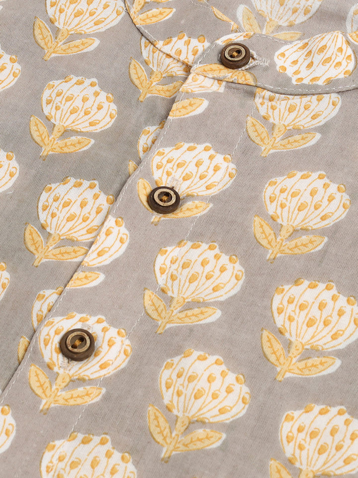 VASTRAMAY Boy's Gray Floral Printed Cotton Kurta Pyjama Set - qivii