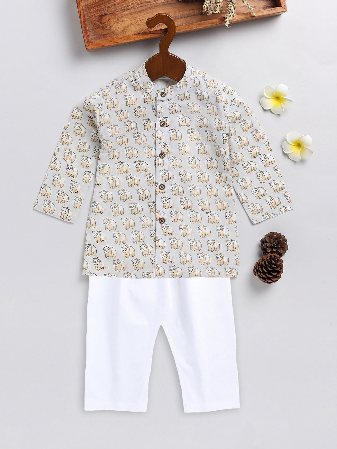 VASTRAMAY SISHU Boy's Beige Panda Printed Cotton Kurta Pyjama Set - qivii
