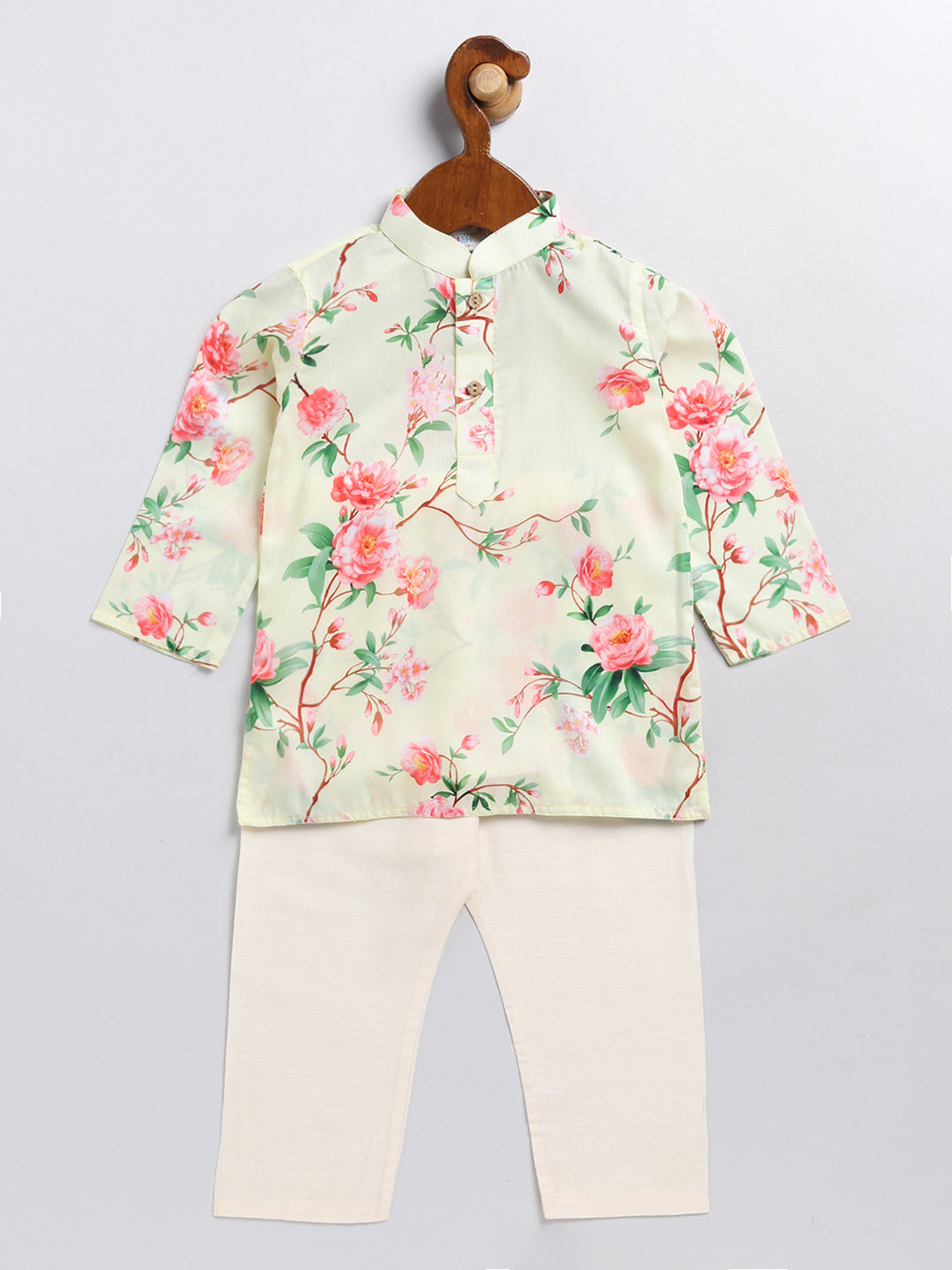 VASTRAMAY Boys' Yellow Floral Printed Cotton Kurta Pyjama Set - qivii