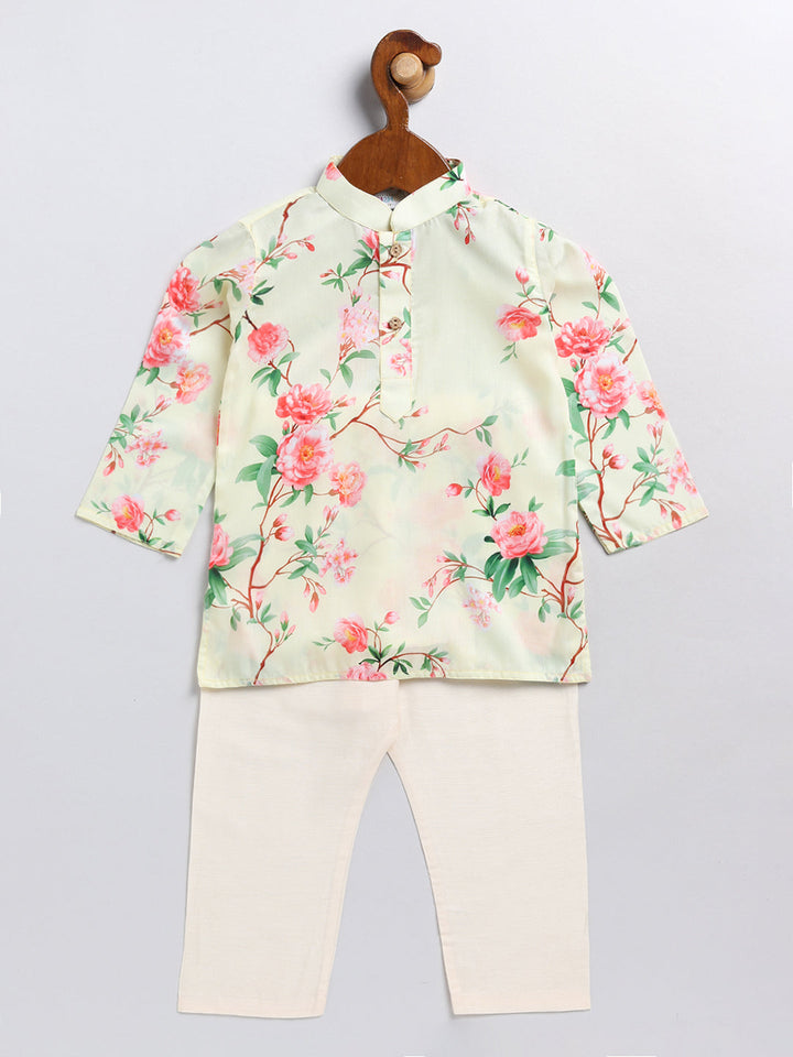 VASTRAMAY Boys' Yellow Floral Printed Cotton Kurta Pyjama Set - qivii