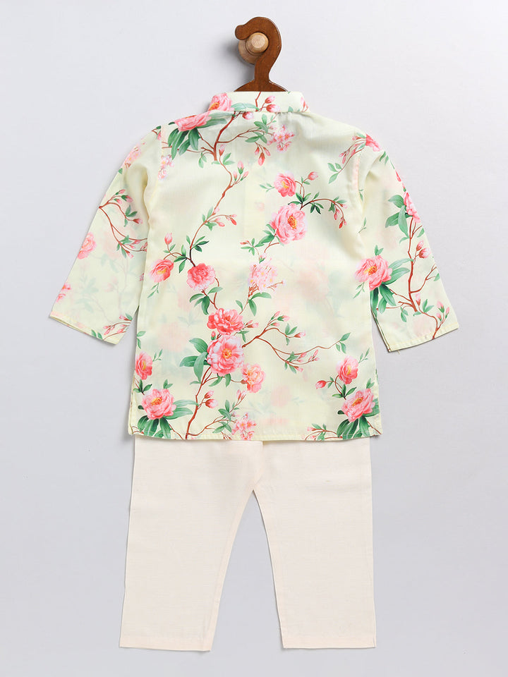 VASTRAMAY Boys' Yellow Floral Printed Cotton Kurta Pyjama Set - qivii