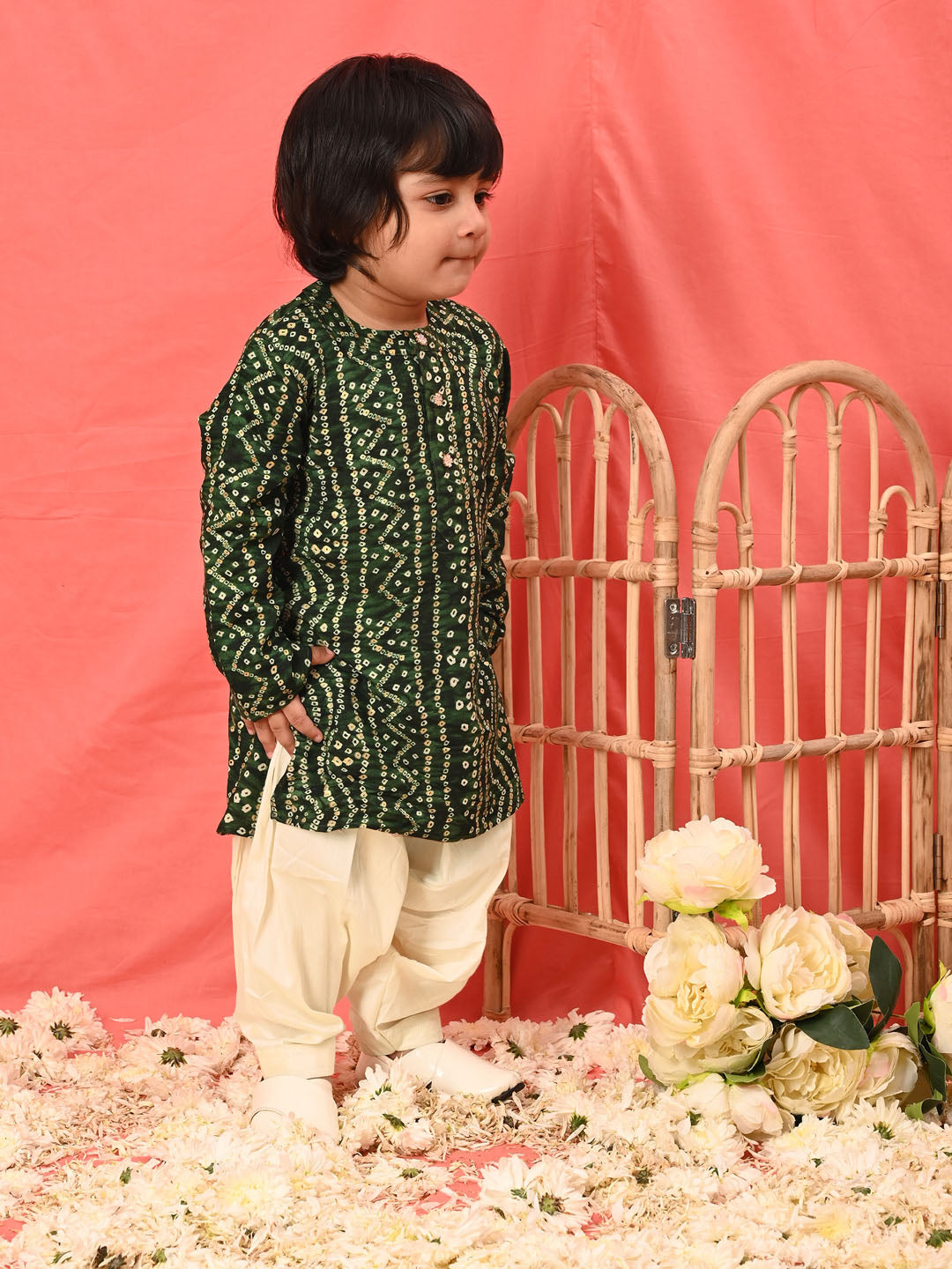 VASTRAMAY SISHU Boys' Green Bandhni Kurta And Patiala Set - qivii