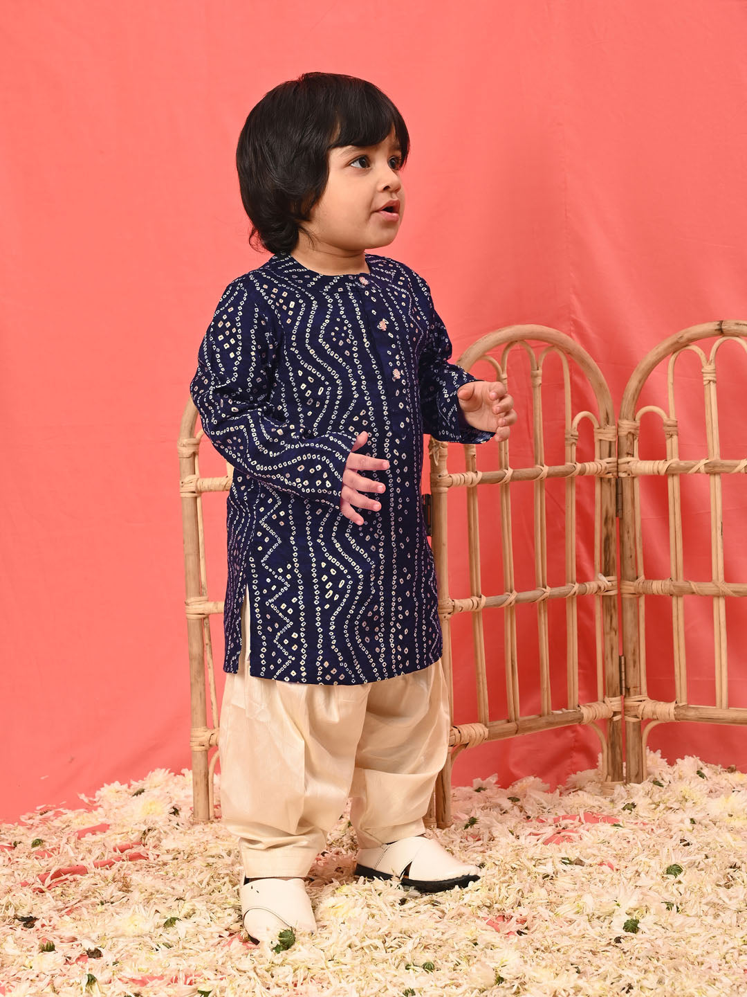 VASTRAMAY Boys' Navy Blue Bandhni Kurta And Patiala Set - qivii