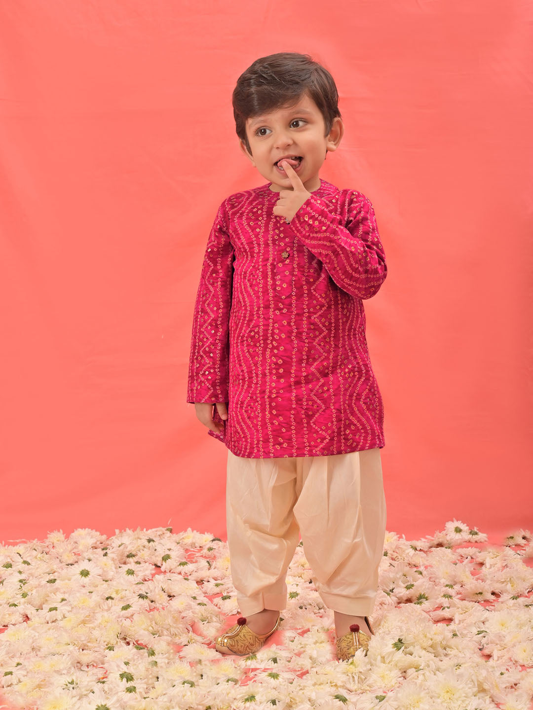 VASTRAMAY Boys' Pink Bandhni Kurta And Patiala Set - qivii