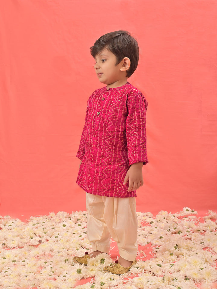 VASTRAMAY Boys' Pink Bandhni Kurta And Patiala Set - qivii