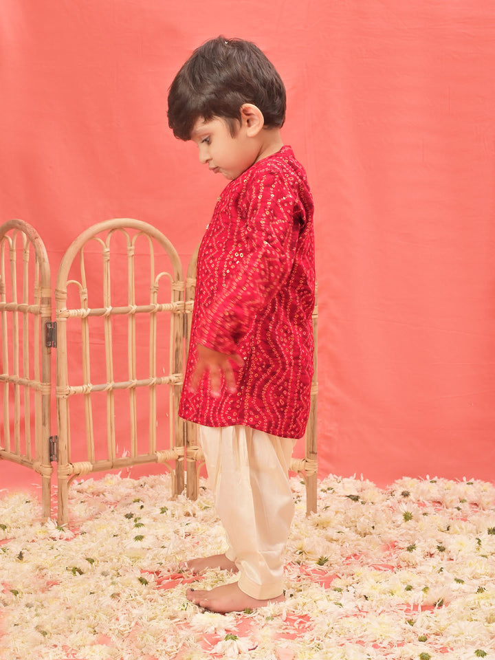 VASTRAMAY Boys' Red Bandhni Kurta And Patiala Set - qivii
