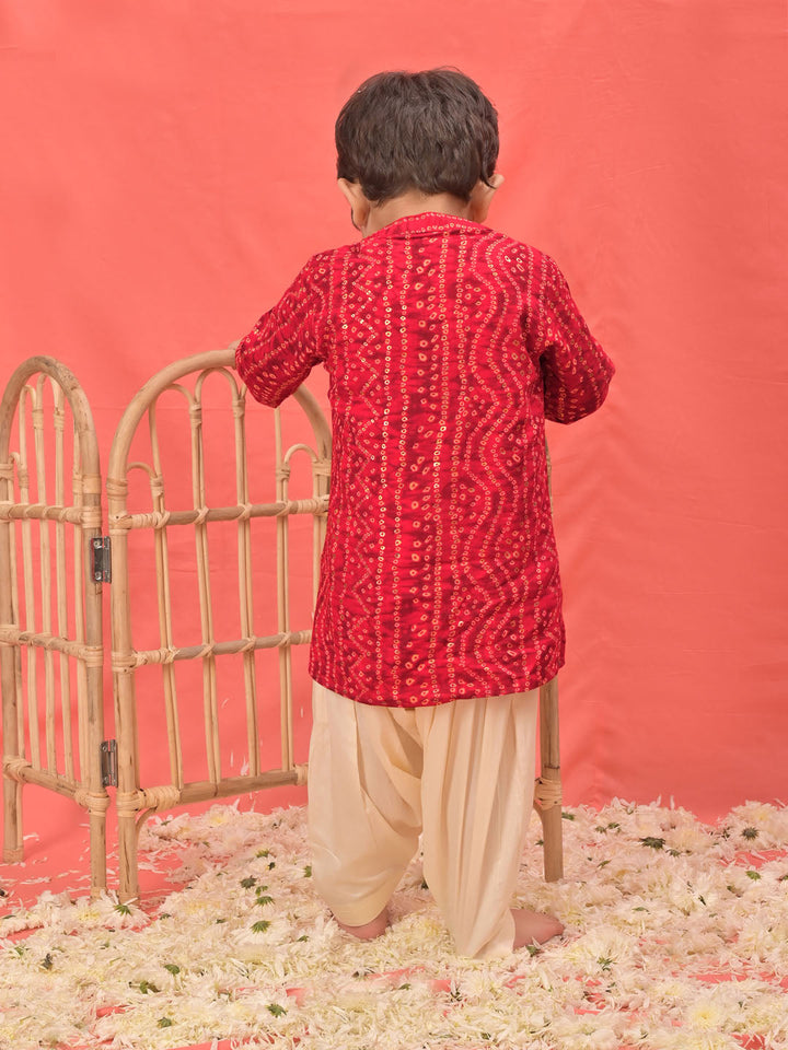 VASTRAMAY Boys' Red Bandhni Kurta And Patiala Set - qivii