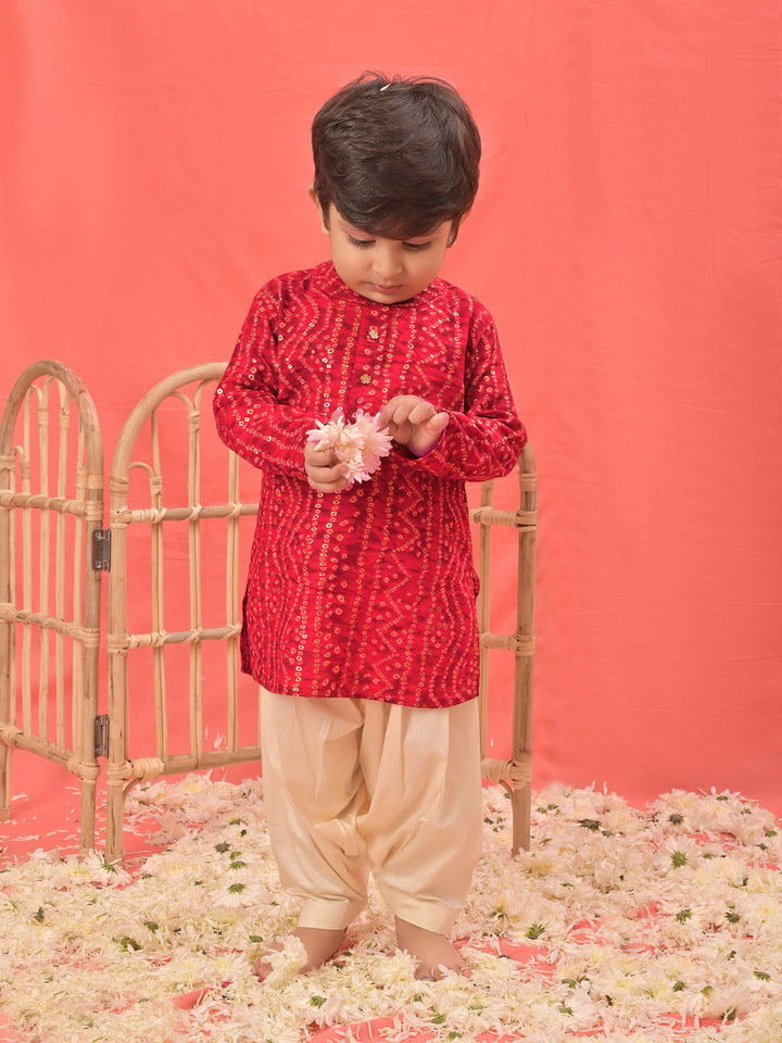 VASTRAMAY Boys' Red Bandhni Kurta And Patiala Set - qivii