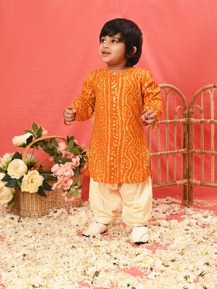 VASTRAMAY Boys' Yellow Bandhni Kurta And Patiala Set - qivii