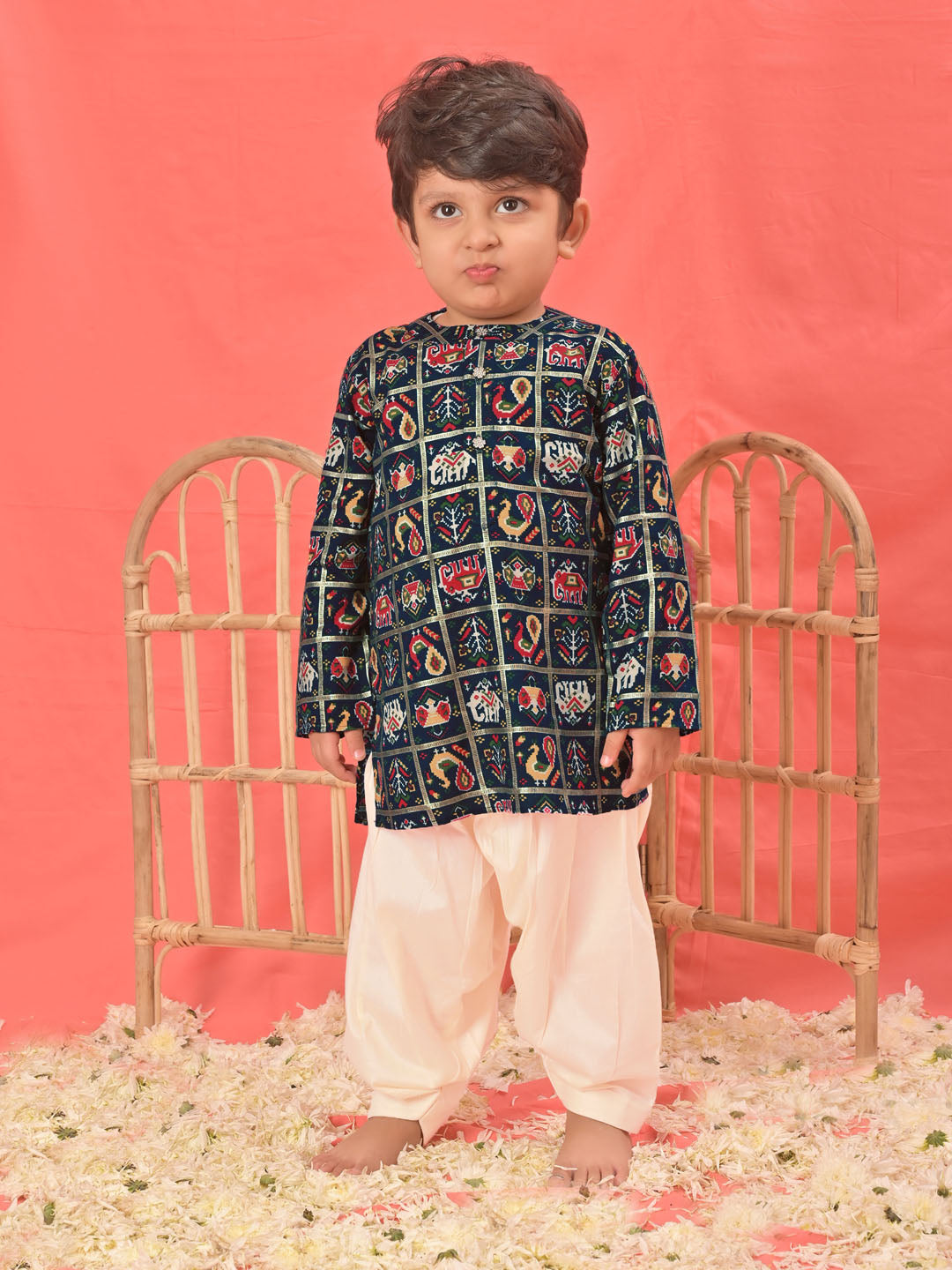 VASTRAMAY SISHU Boys' Blue Patola Print Festive Kurta Pyjama Set - qivii