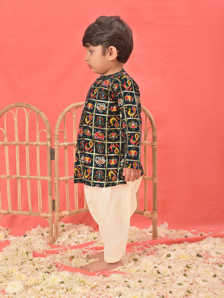 VASTRAMAY SISHU Boys' Blue Patola Print Festive Kurta Pyjama Set - qivii