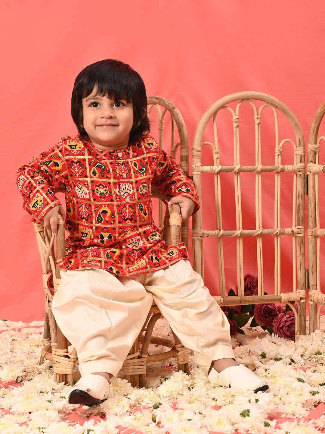 VASTRAMAY Boys' Red Patola Print Festive Kurta Pyjama Set - qivii