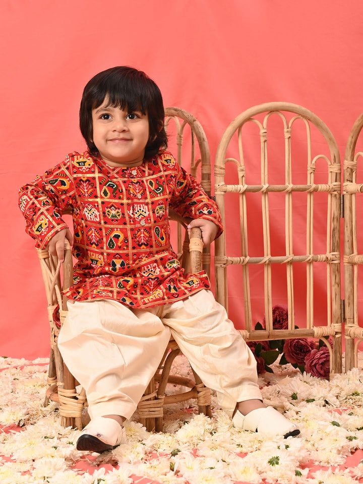 VASTRAMAY Boys' Red Patola Print Festive Kurta Pyjama Set - qivii