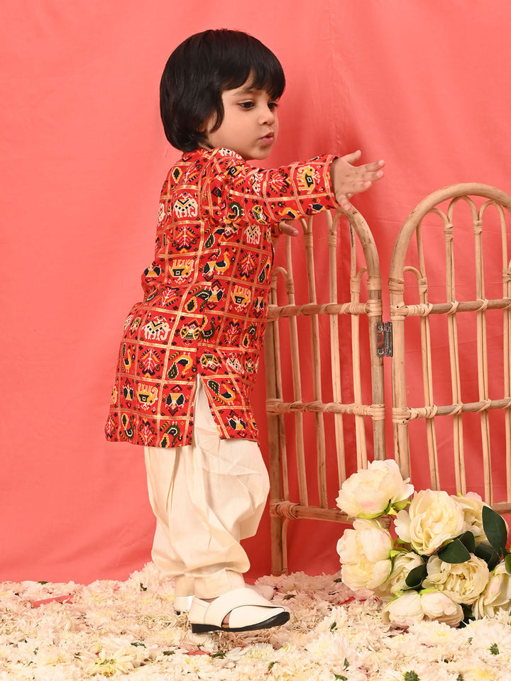 VASTRAMAY Boys' Red Patola Print Festive Kurta Pyjama Set - qivii