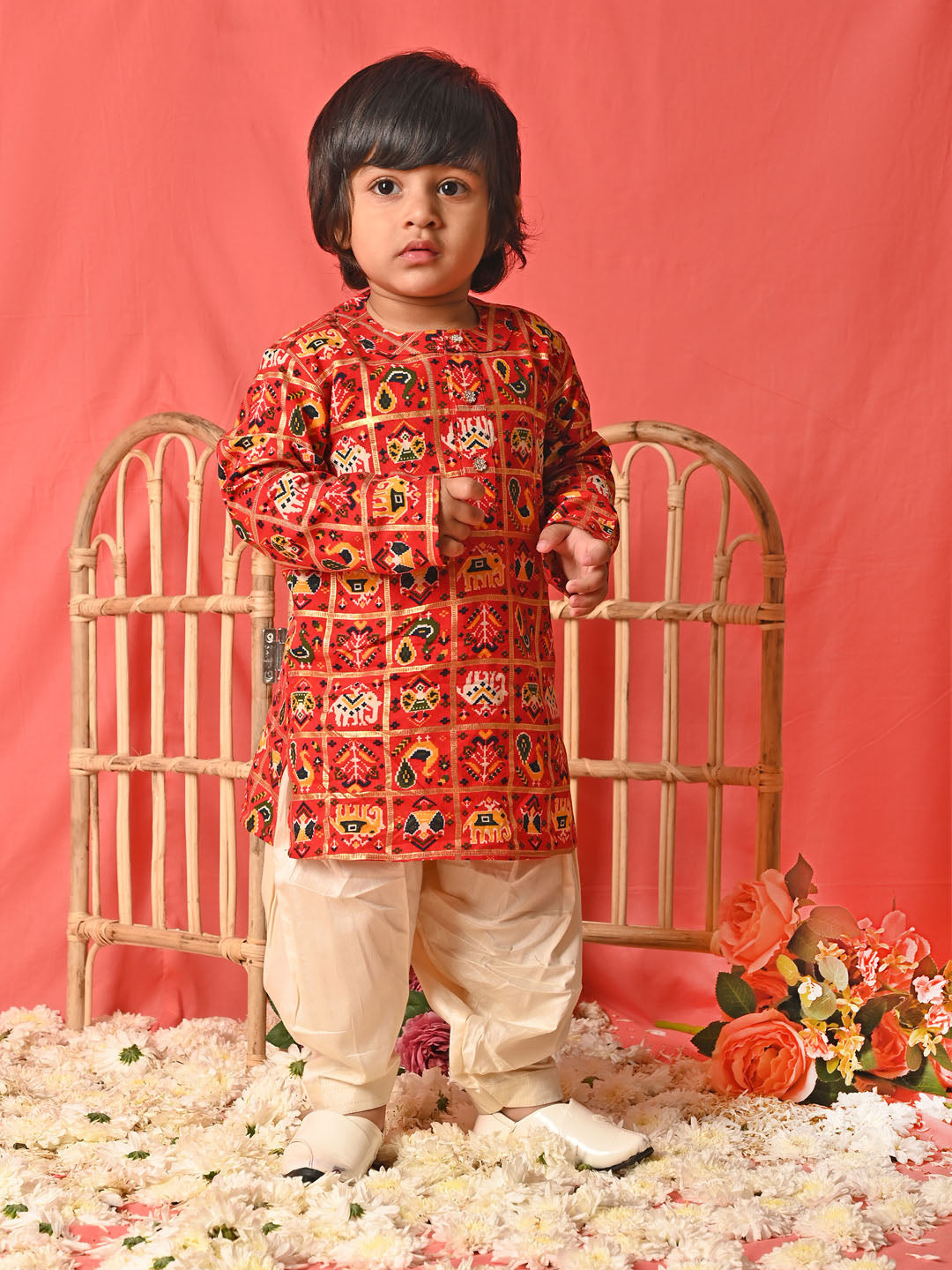 VASTRAMAY Boys' Red Patola Print Festive Kurta Pyjama Set - qivii