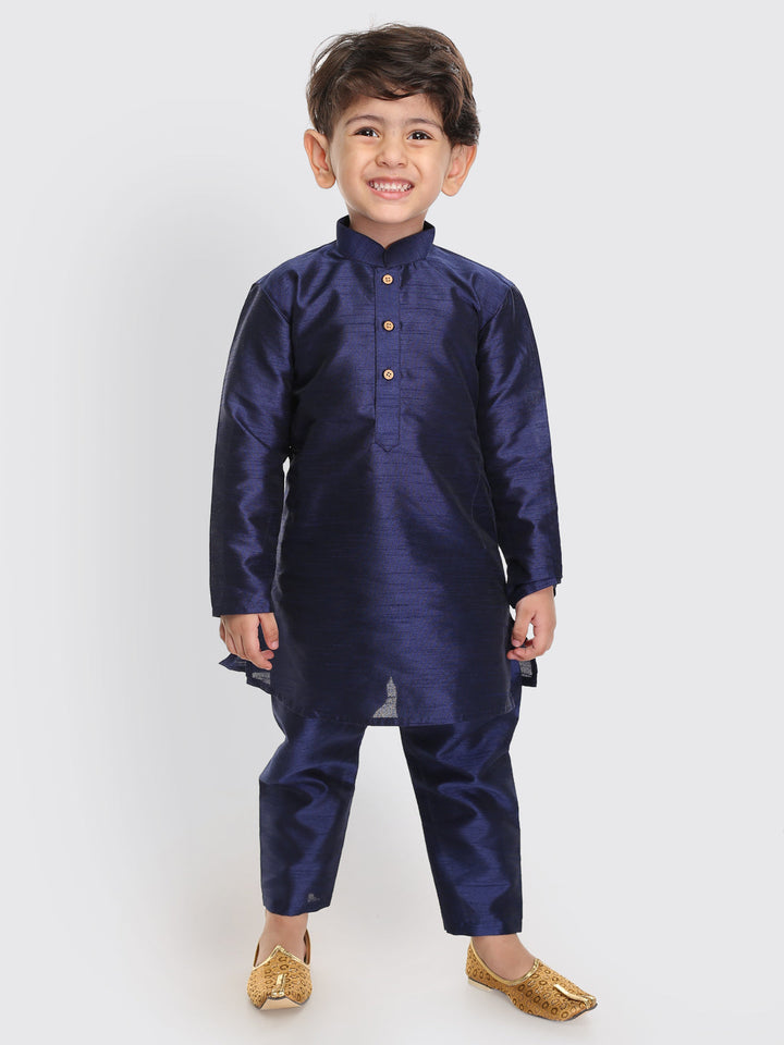 VASTRAMAY SISHU Boys Navy Blue Silk Blend Kurta Pyjama Set - qivii