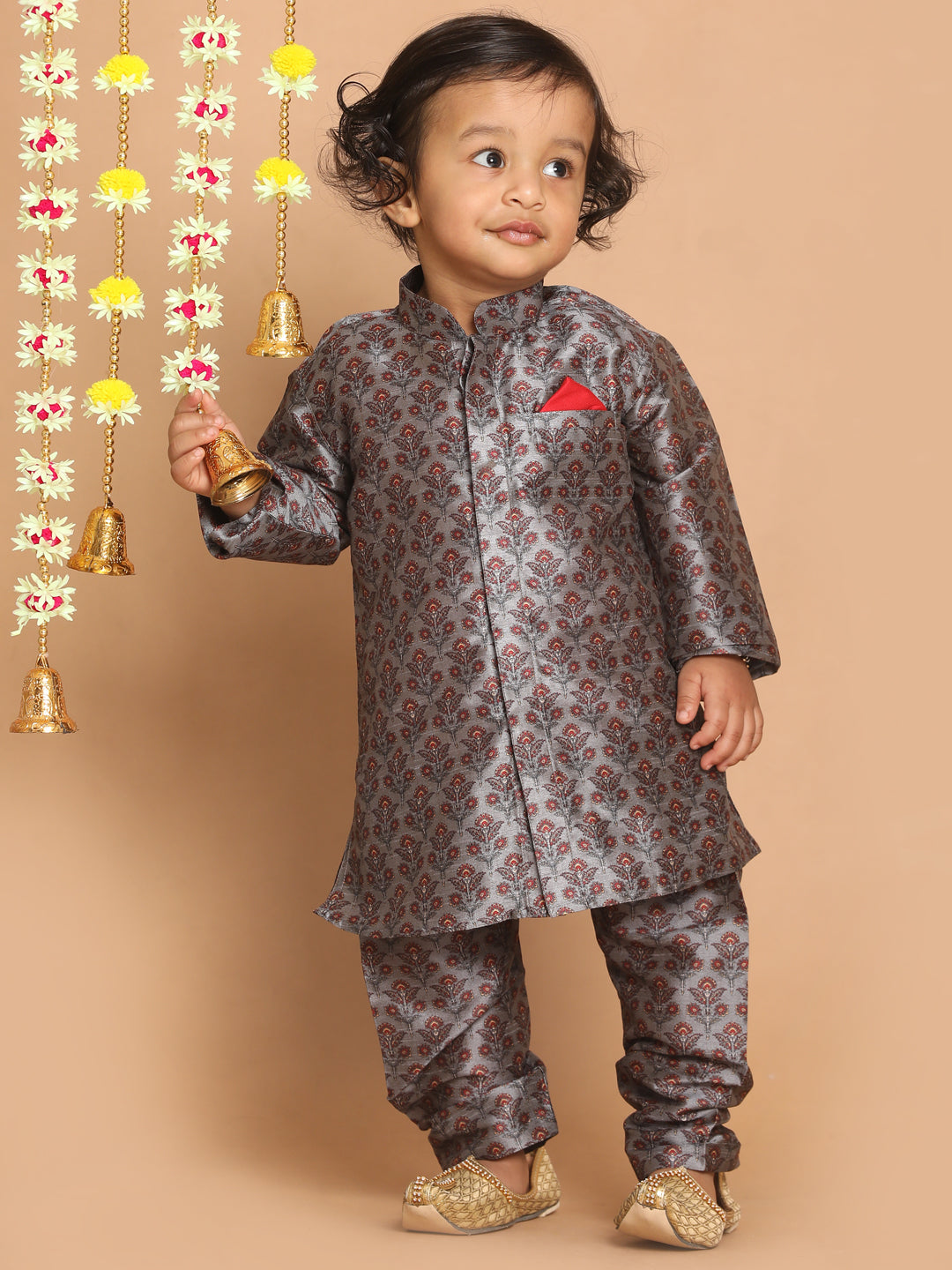 VASTRAMAY Boy's Grey Floral Printed Kurta And Pyjama Set - qivii