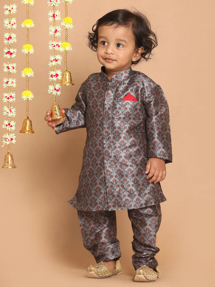 VASTRAMAY Boy's Grey Floral Printed Kurta And Pyjama Set - qivii