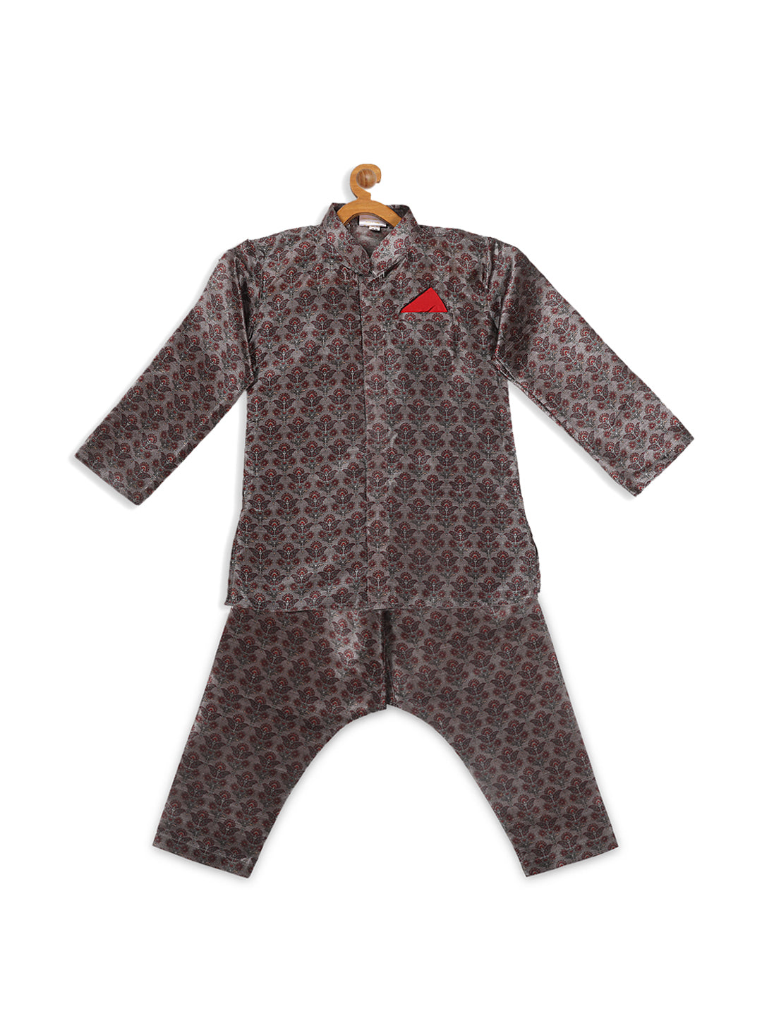 VASTRAMAY Boy's Grey Floral Printed Kurta And Pyjama Set - qivii