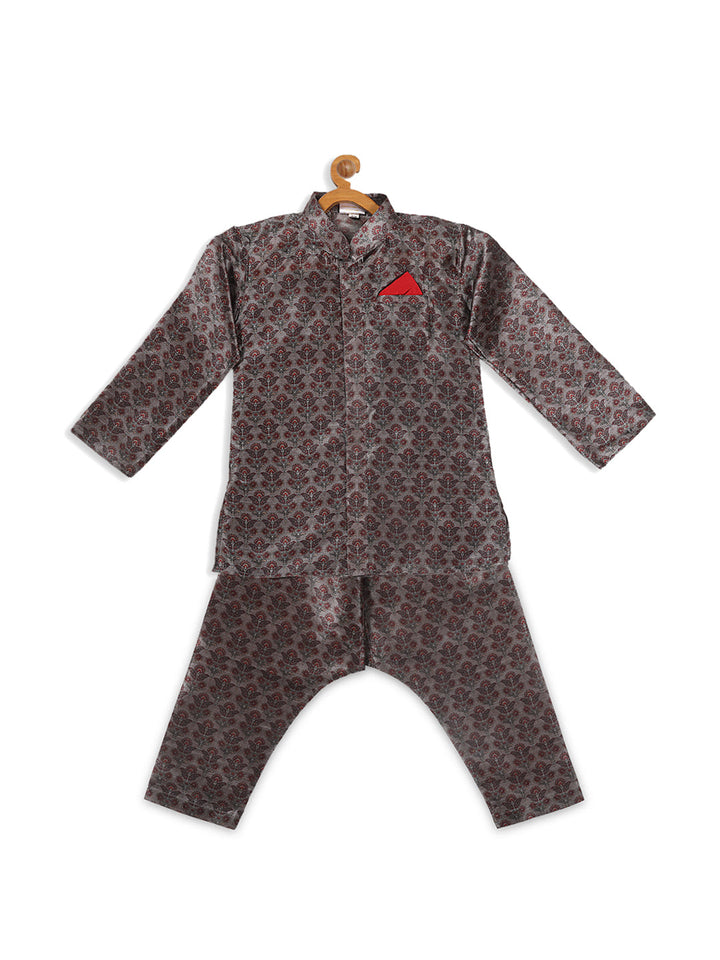 VASTRAMAY Boy's Grey Floral Printed Kurta And Pyjama Set - qivii