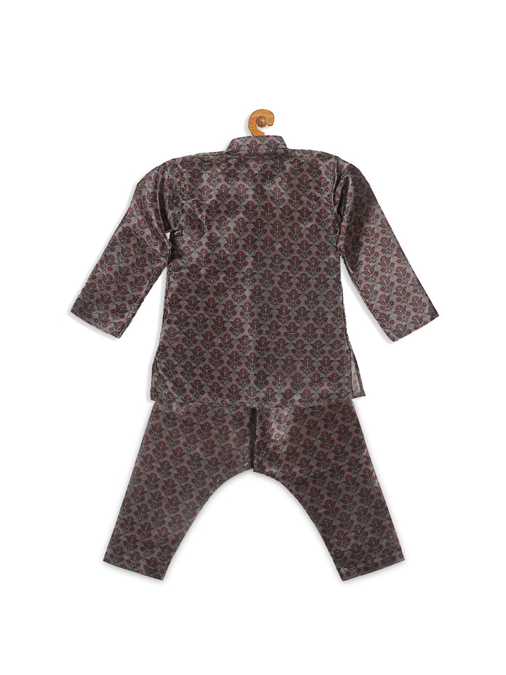 VASTRAMAY Boy's Grey Floral Printed Kurta And Pyjama Set - qivii