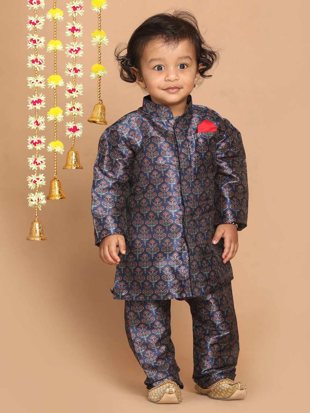 VASTRAMAY Boy's Navy Blue Floral Printed Kurta And Pyjama Set - qivii