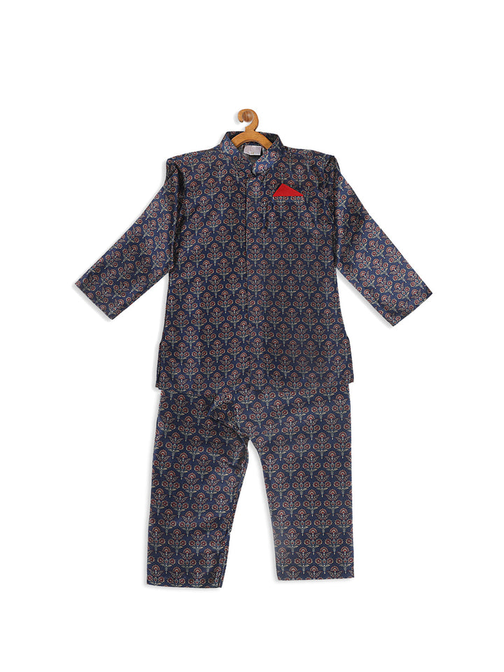 VASTRAMAY Boy's Navy Blue Floral Printed Kurta And Pyjama Set - qivii