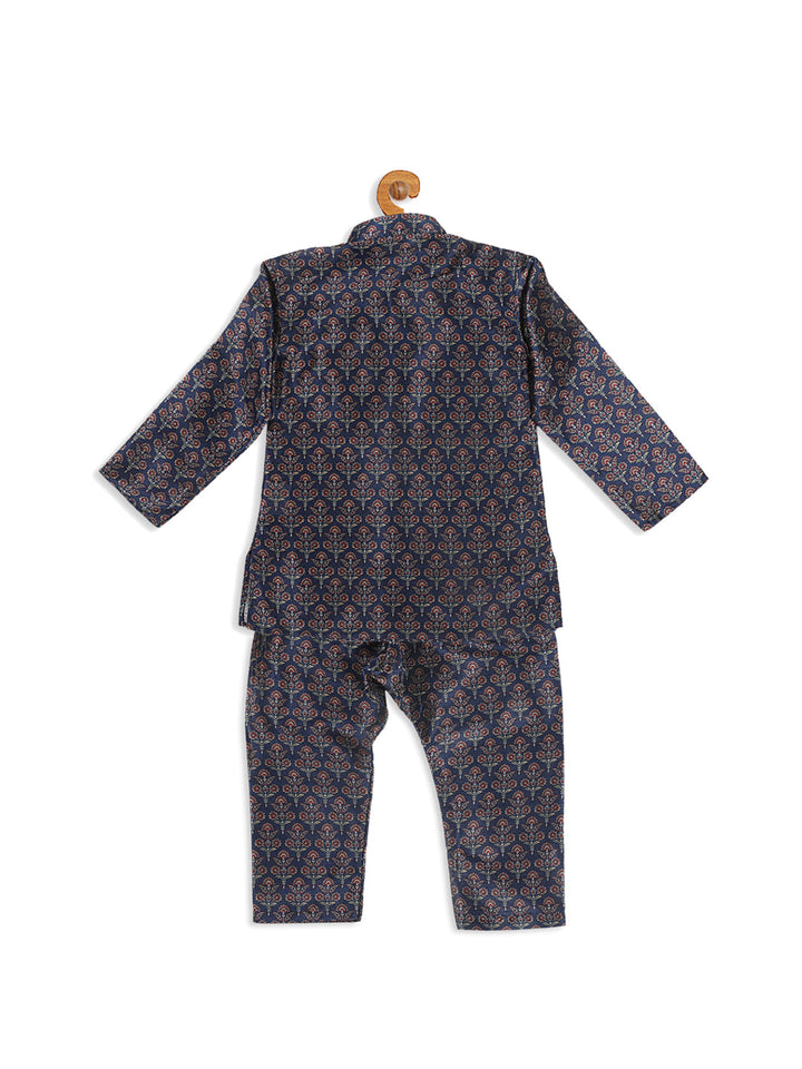 VASTRAMAY Boy's Navy Blue Floral Printed Kurta And Pyjama Set - qivii