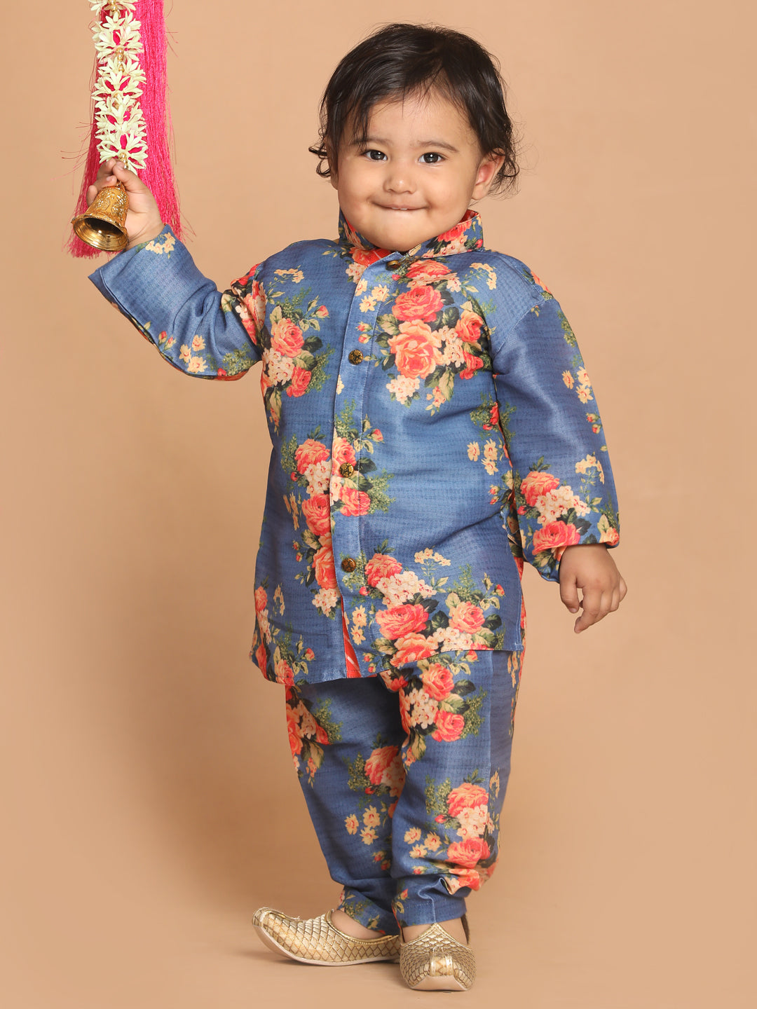 VASTRAMAY Boy's Blue Floral Printed Kurta With Pyjama Set - qivii