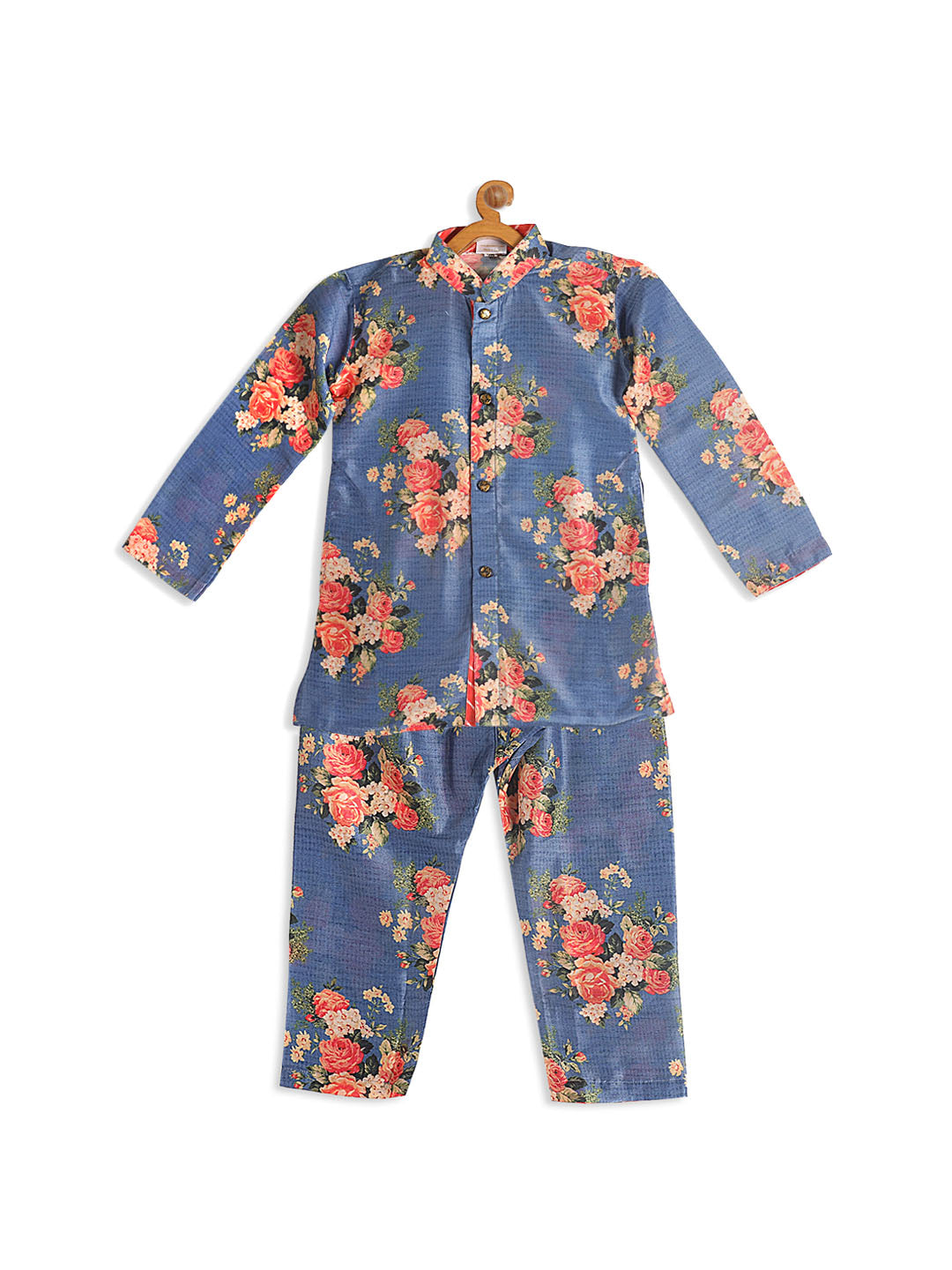 VASTRAMAY Boy's Blue Floral Printed Kurta With Pyjama Set - qivii