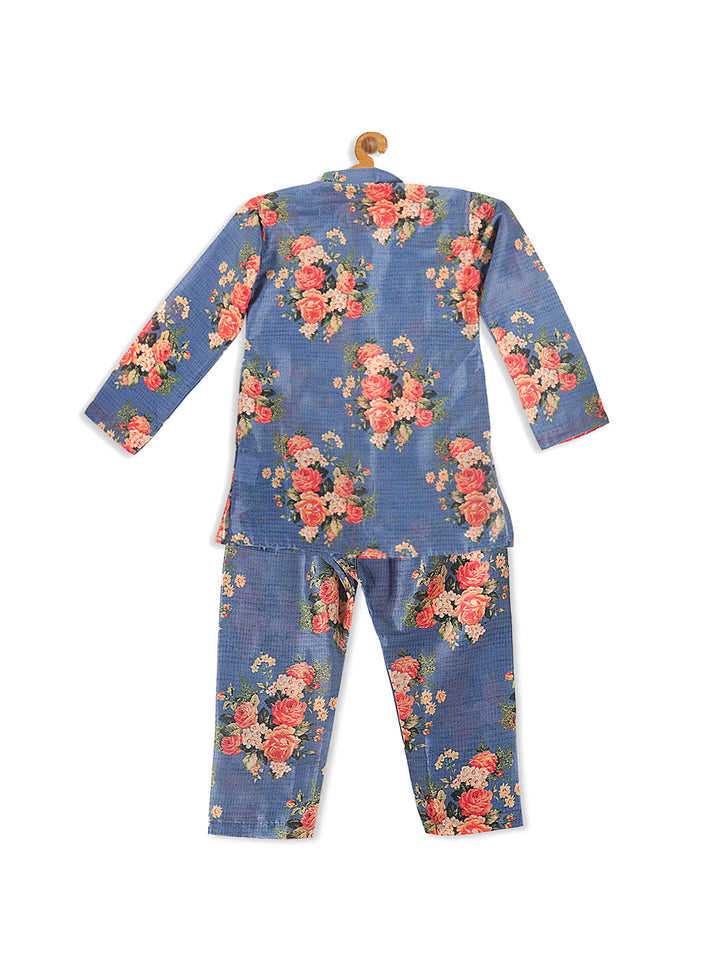 VASTRAMAY Boy's Blue Floral Printed Kurta With Pyjama Set - qivii